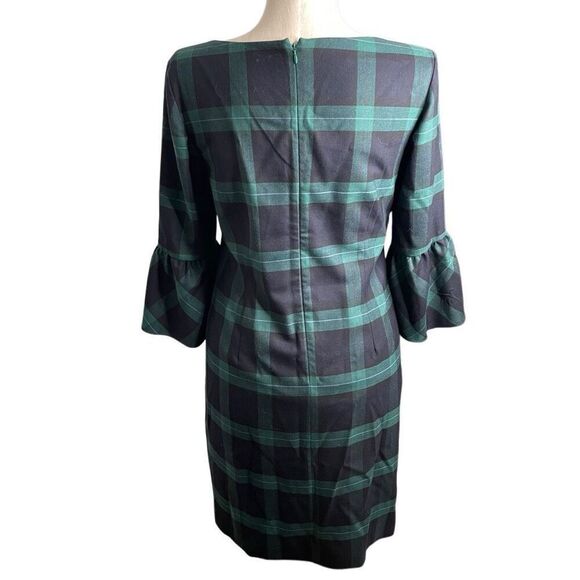 Talbots Womens Shift Dress 12 Blackwatch Plaid 3/4 Flounce Sleeve Wool Blend - Picture 2 of 7